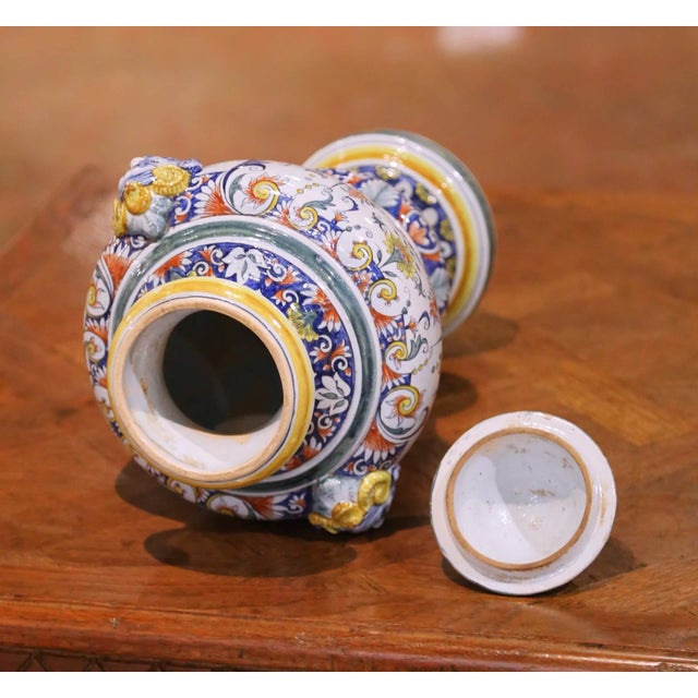 19th Century French Rouen Revival Faience Covered Urn With Ram Masks For Sale - Image 9 of 11