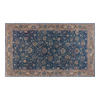 Antique Indian Navy Blue and Beige Handmade Wool Carpet For Sale
