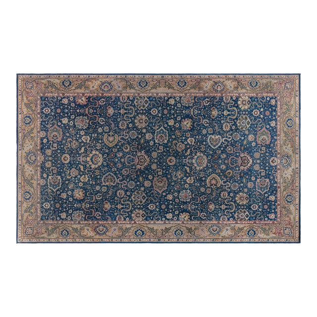 Antique Indian Navy Blue and Beige Handmade Wool Carpet For Sale