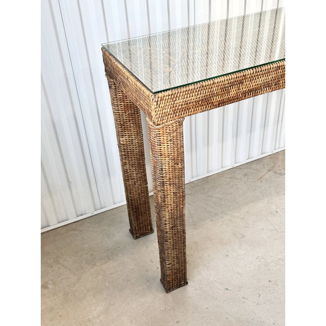 Wood Rustic Thai Style Vintage Long Woven Rattan/Wicker Console Table With Glass Top For Sale - Image 7 of 10