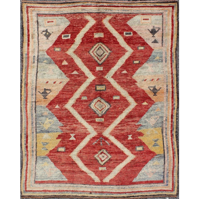 Tribal Antique Turkish Oushak Rug With Bold Red, Soft Blue, and Golden Accents For Sale - Image 3 of 8