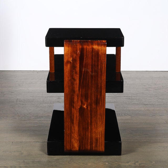 Art Deco Machine Age Three-Tier Black Lacquer & Walnut Side Table For Sale - Image 11 of 14