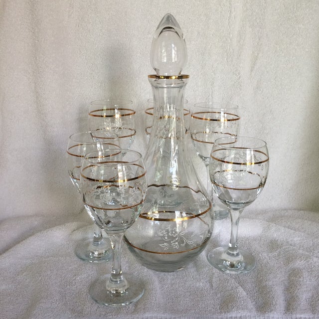 Vintage Turkish Pasabahce Blown Glass Decanter & 6 Wine Glasses Set
