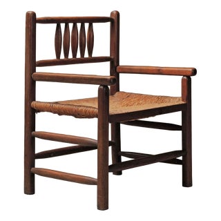 Brutalist Wood and Straw Armchair, France, 1950 For Sale