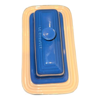 Late 20th Century Le Creuset Stoneware Marseille Blue Covered Butter Dish Knob For Sale