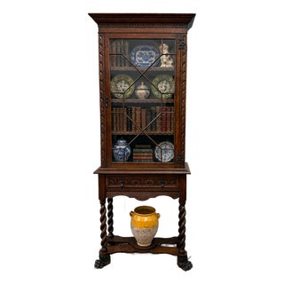 Antique English Oak Jacobean Revival Bookcase Barley Twist Display Cabinet C1890 For Sale