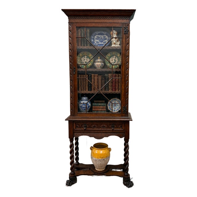 Antique English Oak Jacobean Revival Bookcase Barley Twist Display Cabinet C1890 For Sale