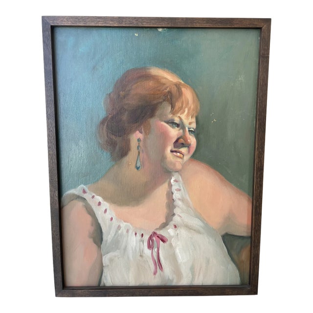 Circa 1940s French Expressionist Portrait Oil Painting of a Woman Wearing a Nightgown, Framed For Sale