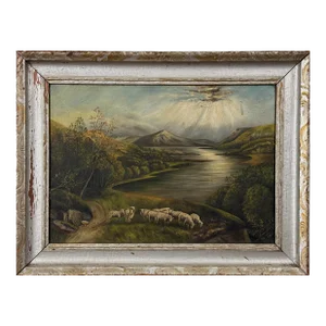 Antique Folk Art Bucolic Landscape With Sheep and River, Signed (1928, Oil on Canvas)
