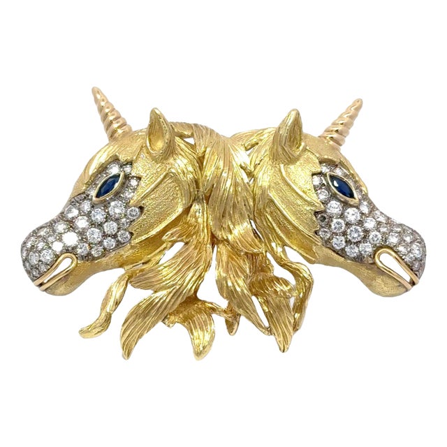 Diamond Sapphire 18k Yellow Gold Double-Unicorn Pin Brooch For Sale