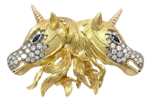 Diamond Sapphire 18k Yellow Gold Double-Unicorn Pin Brooch