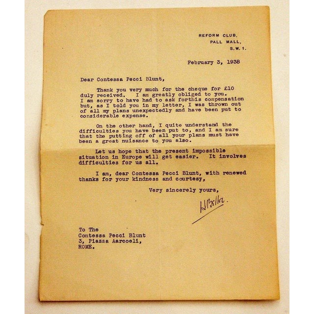 L.T.S. addressed to Countess Pecci Blunt, on Letterhead Reform Club, Pall Mall, February 3, 1938. In English. Thanksgiving...