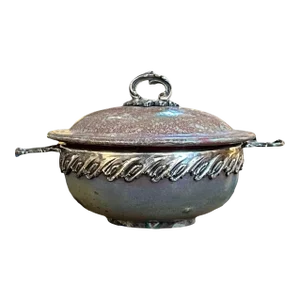 1960s Decorative Covered Ceramic Bowl With Mottled Glaze, Lusterware Interior and Silver Mounts