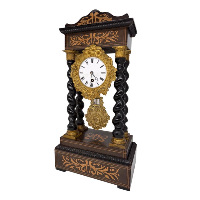 Late 19th Century Napoleon III Portico Barley-Twist Marquetry Mantel Clock, French, 1880. This beautiful and highly...