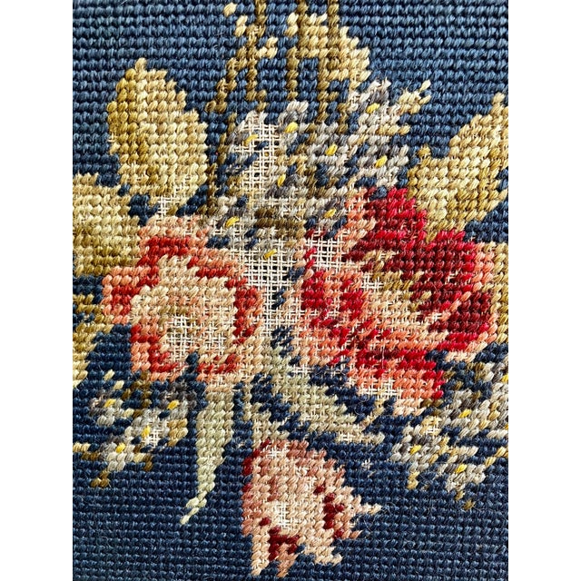 Antique French Country Style Mahogany Footstool With Floral Needlepoint Cushion For Sale In Milwaukee - Image 6 of 14