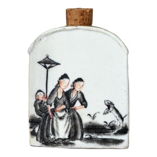 Fun Vintage Black and White Snuff Bottle With Jumping Dog and People Design 4.5"x3"x1.5" For Sale