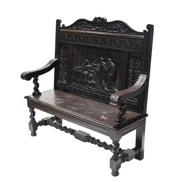 Renaissance Revival Italian Hall Bench Settle in Carved Walnut, 1880 For Sale - Image 6 of 8