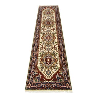 Heriz Runner 2’7” X 9’11” Ivory Wool Tribal Hand-Knotted Oriental Rug For Sale
