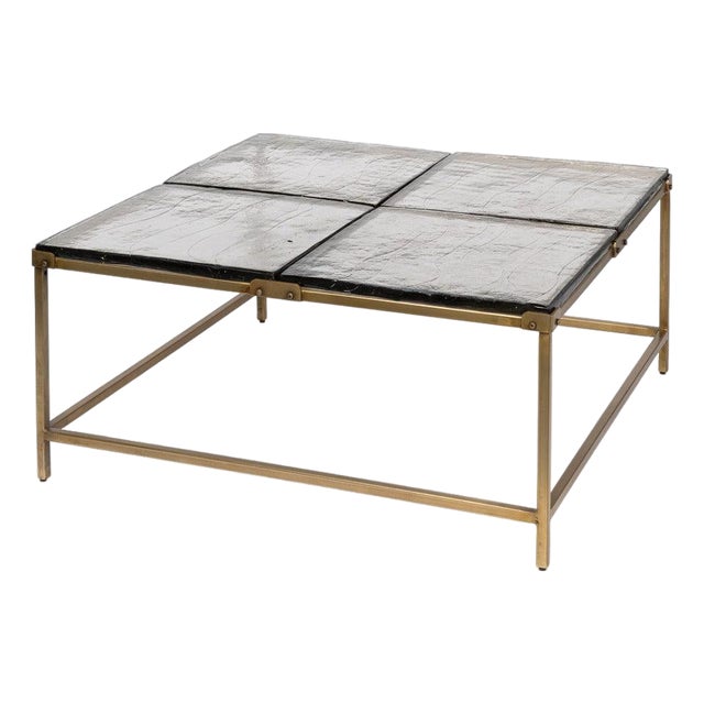 Modern Square Cocktail Table in Aged Brass and Cast Glass For Sale