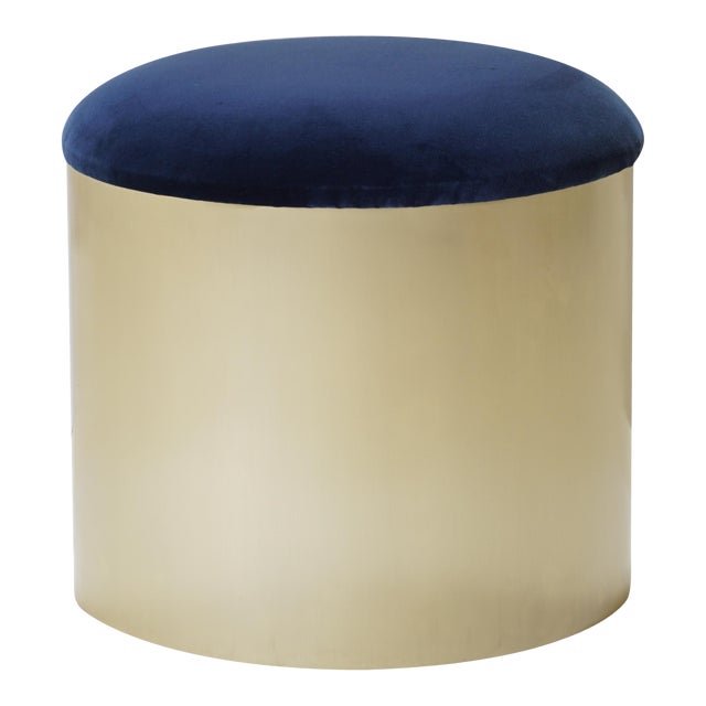 Brushed Brass “Mushroom” Pouf Ottoman in Navy Velvet by Montage For Sale