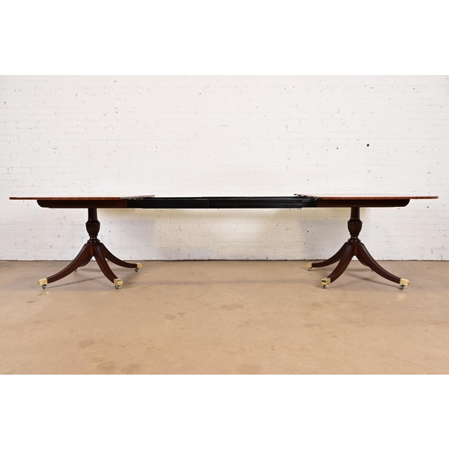 Brown Baker Furniture Georgian Banded Mahogany Double Pedestal Extension Dining Table, Newly Refinished For Sale - Image 8 of 15