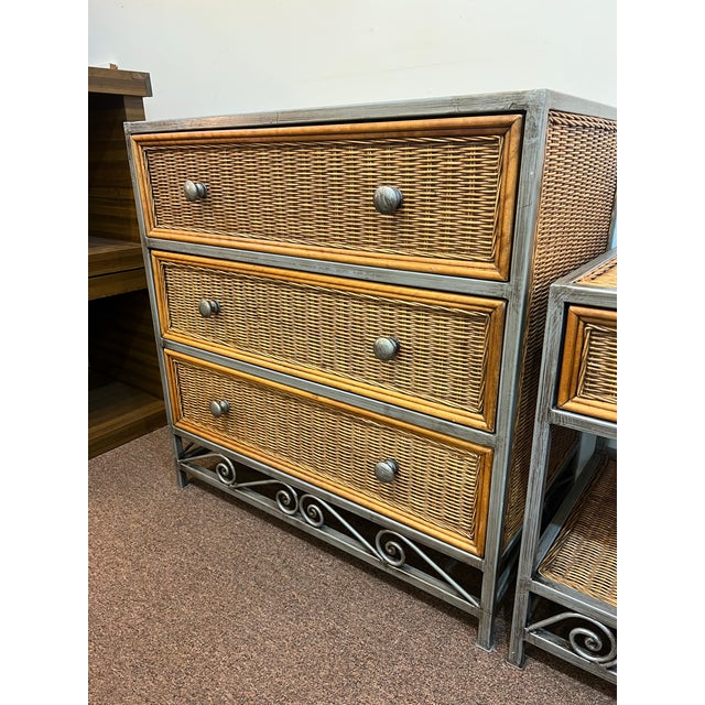 1990s Wicker Rattan Metal Frame Dresser and Night Stand Coastal, 2 Pieces For Sale - Image 4 of 8