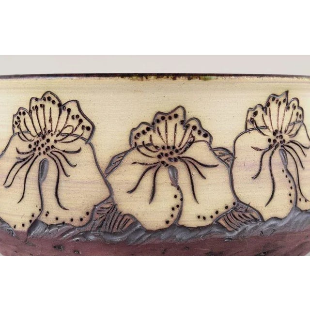Scandinavian Handmade Ceramic Earthenware Bowl with Incised Floral Decoration For Sale - Image 4 of 7