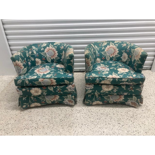 Boho Chic Vintage 1980s Drexel Heritage Cottage Core Boho Barrel Club Chairs in Green Floral Motif - A Pair For Sale - Image 3 of 11