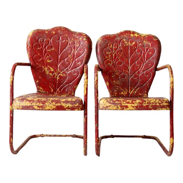 Mid Century Metal Bouncer Patio Lounge Chairs - A Pair For Sale