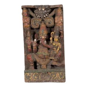 19th Century Indian Multicolor Ganesha with Consort Temple Carving