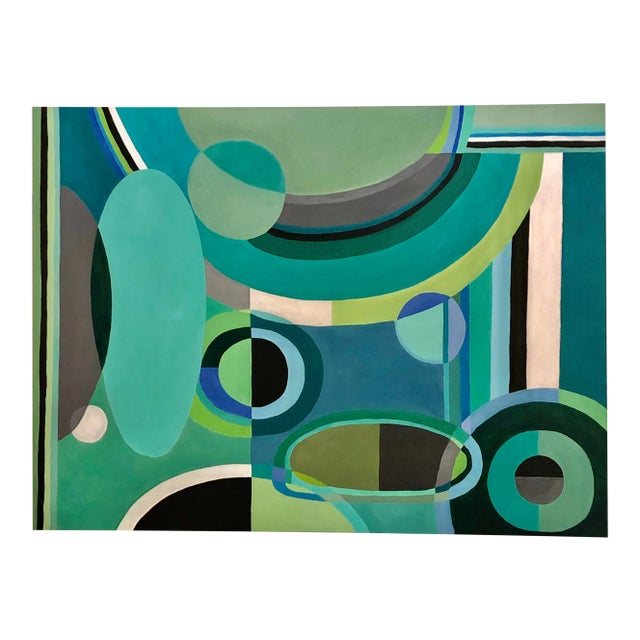 Large Rectangular Abstract Painting in Blues and Greens For Sale