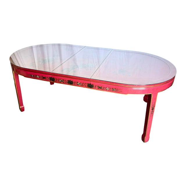 Chinese Red and Gold Lacquered Hand Painted Extendable Dining Table With Glass Top For Sale