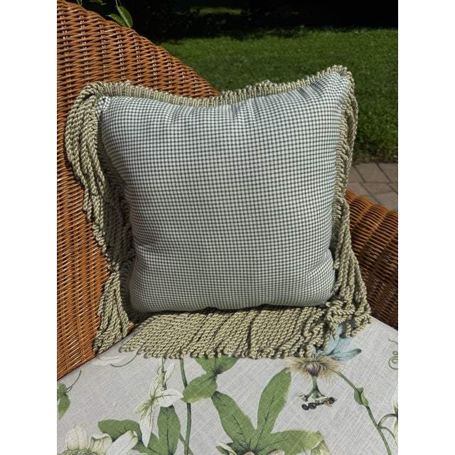 Rare Vintage Professionally Restored Wicker Rattan Cathedral Back Settee W Ottoman Brand New Upholstered Cushion and Accent Pillow Designer Fabrics For Sale - Image 10 of 10