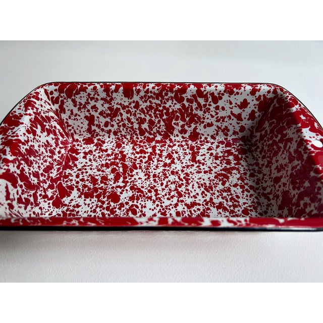 Vintage Red & White Splatter Enamelware Loaf Pan For Sale - Image 4 of 14