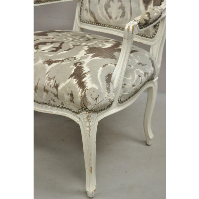 Vintage French Country Louis XV Style White Distress Painted Arm Chairs - A Pair For Sale - Image 9 of 12