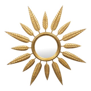 Midcentury French Sunburst Wall Mirror with Leafy Décor and Convex Plate For Sale