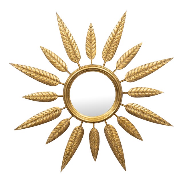 Midcentury French Sunburst Wall Mirror with Leafy Décor and Convex Plate For Sale