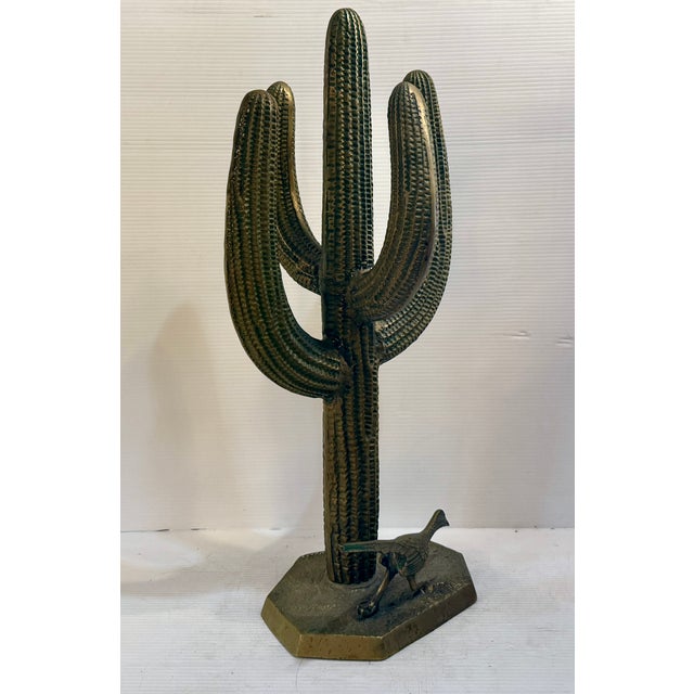 Mid-Century Modern Mid 20th Century Brass Saguaro Cactus and Roadrunner Statue For Sale - Image 3 of 9