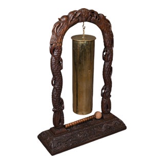 Large Vintage Alarm Gong, Oriental, Hardwood Chime Stand, Brass, Art Deco, 1930 For Sale