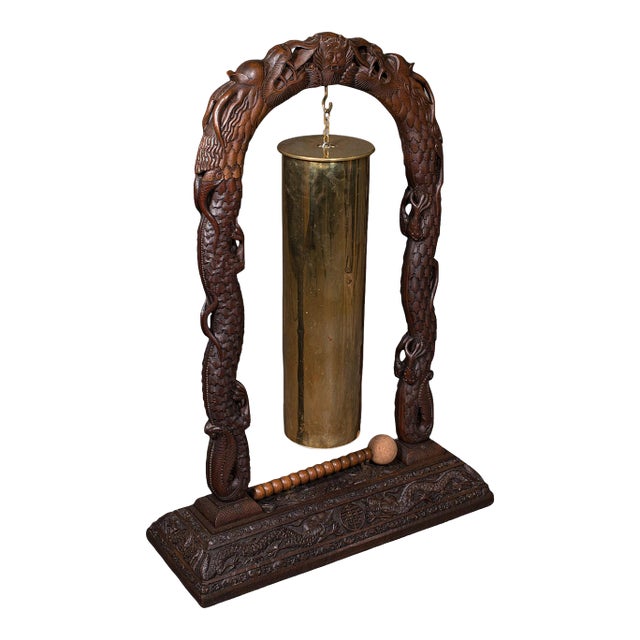 Large Vintage Alarm Gong, Oriental, Hardwood Chime Stand, Brass, Art Deco, 1930 For Sale