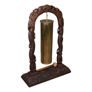 Large Vintage Alarm Gong, Oriental, Hardwood Chime Stand, Brass, Art Deco, 1930