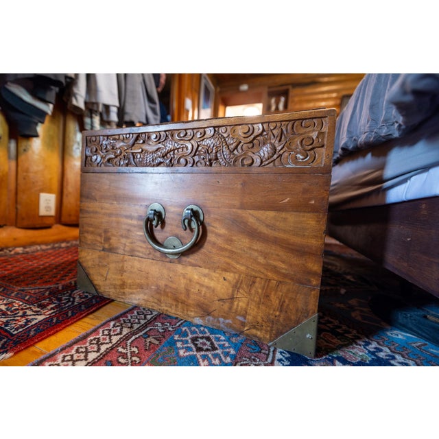 Wood Antique Chinese Hand-Carved Camphor Wood Blanket Chest With Dragon Medallion & Original Brass Hardware For Sale - Image 7 of 9
