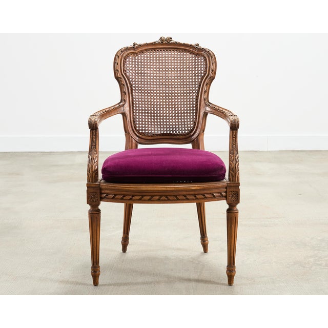 French French Louis XVI Style Carved Walnut Cane Fauteuil Armchair For Sale - Image 3 of 18