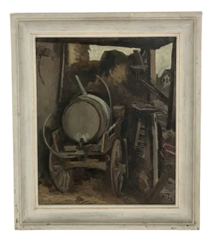 Herbert Theurillat, Charente et tonneau dans la grange, 1935, Oil on Canvas, Framed