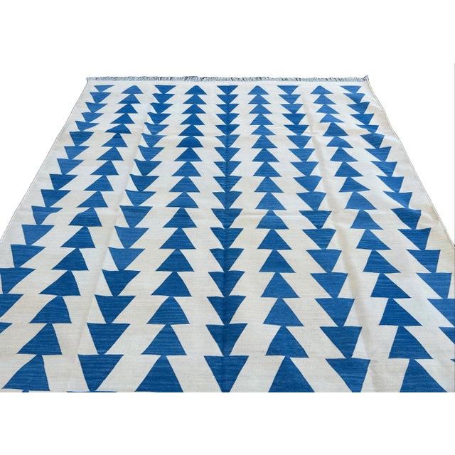 Cream Handwoven Cotton Area Rug Vegetable Dyed Cream and Blue Pyramid Patterned Checked Dhurrie - 9'x12' For Sale - Image 8 of 10