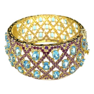 Bochic "Capri" Vintage Blue Topaz & Amethyst Gem & Cuff Set In 18K Gold & Silver For Sale