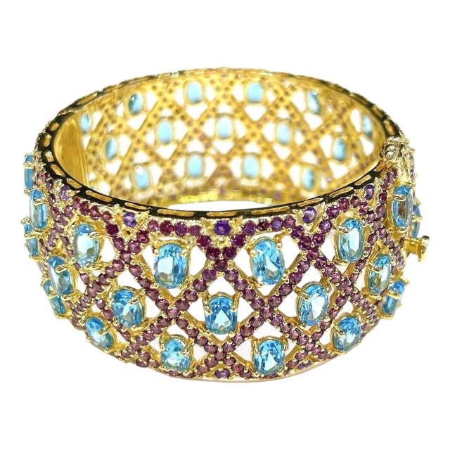 Bochic "Capri" Vintage Blue Topaz & Amethyst Gem & Cuff Set In 18K Gold & Silver For Sale