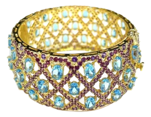 Bochic "Capri" Vintage Blue Topaz & Amethyst Gem & Cuff Set In 18K Gold & Silver
