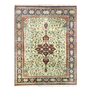 8' 10"x11' 1" Ivory Navy Traditional Floral Medallion Hand-Knotted Wool Rug For Sale