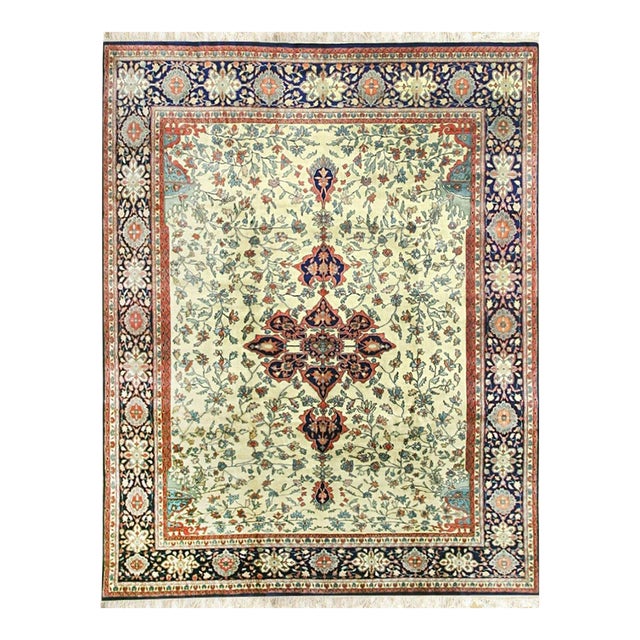 8' 10"x11' 1" Ivory Navy Traditional Floral Medallion Hand-Knotted Wool Rug For Sale